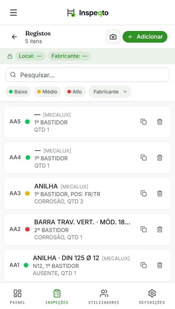 Inspeqto: lista de registos da vistoria, cada componente com seu nível de risco