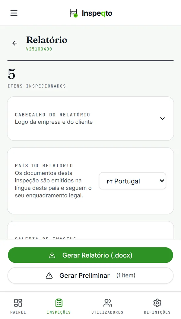Inspeqto: tela do relatório com o botão para gerar o laudo em Word