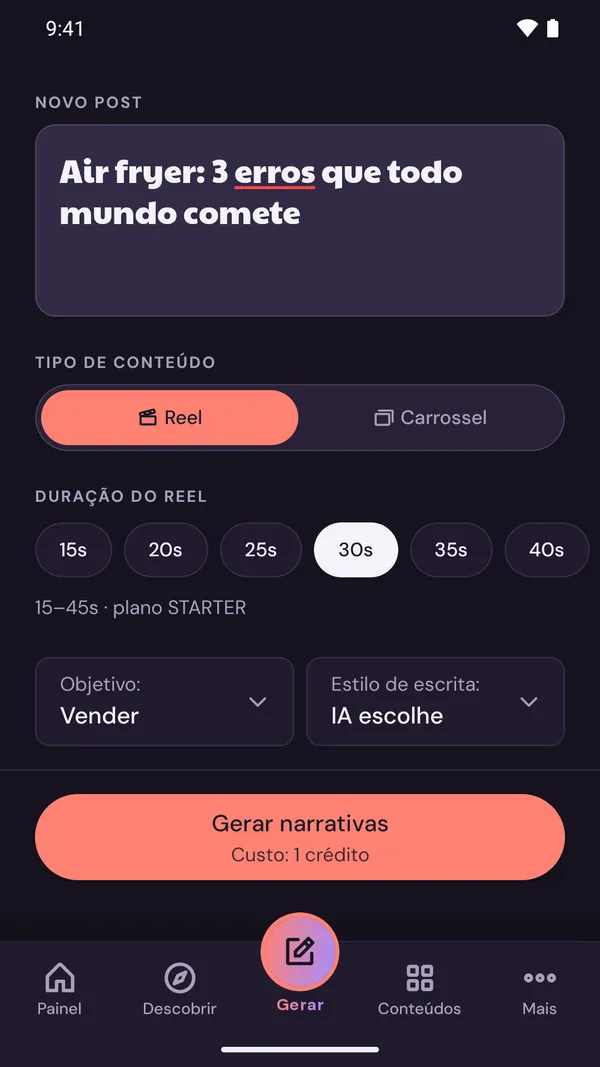 MediaHub: tela de novo post com o tema digitado e a escolha entre Reel e carrossel